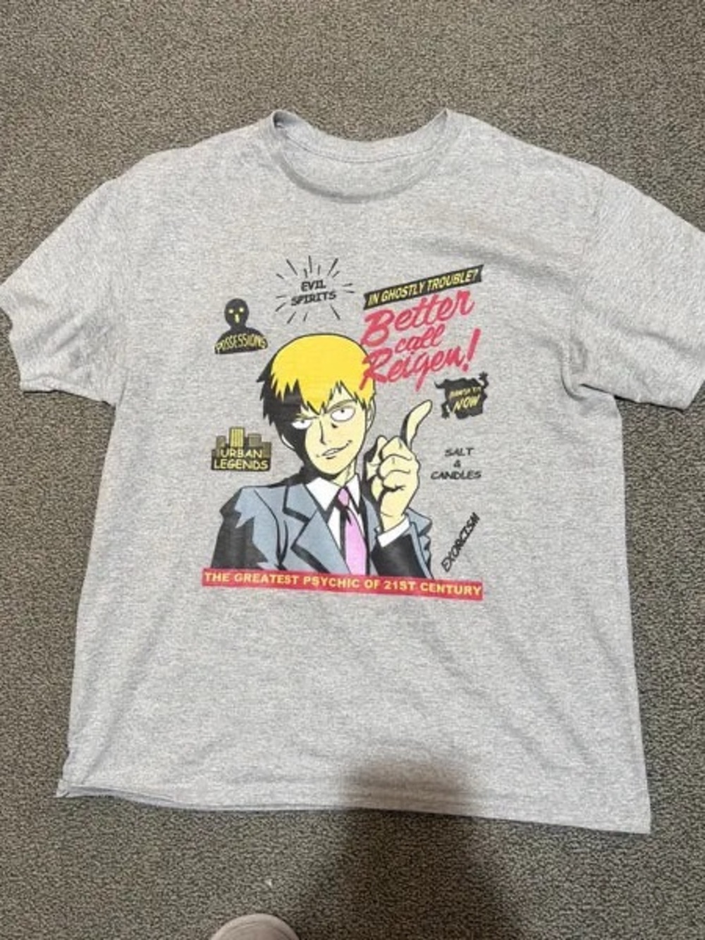 Gildan Grey Tee with Yellow & Pink 'Better Call Reigen!' Graphic
